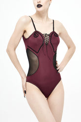 Maillot de bain une pièce gothique pour femmes avec laçage en maille, bretelles croisées et taille ajustable à manivelle